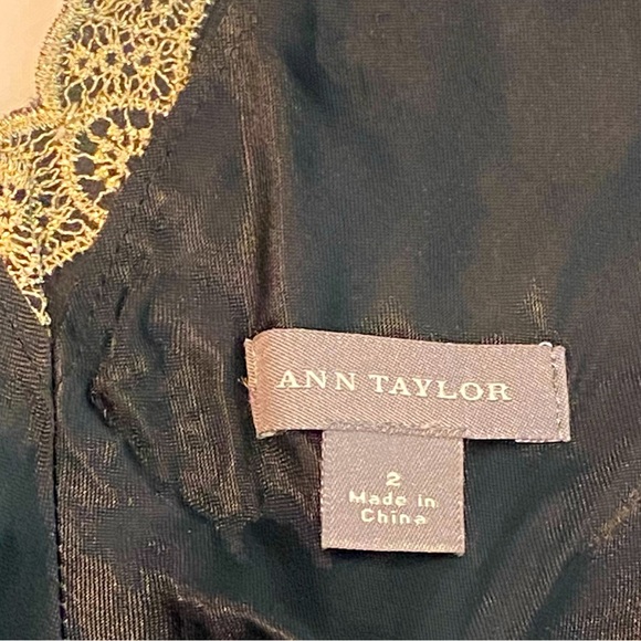 Ann Taylor Black Silk Metallic Gold Lace Scalloped Trim A-Line Dress Size 2 - Picture 9 of 13